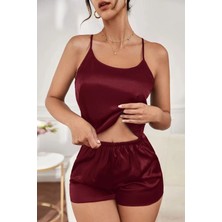 GT Gülseren Taş Kadın Sırtı Yırtmaç Dekolteli Saten Ip Askılı Bordo Şortlu Pijama Takımı