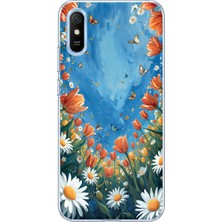 Mobilpad Redmi 9A Uyumlu Çiçekler Desenli Şeffaf Telefon Kılıfı
