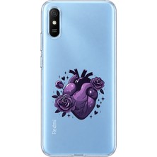 Mobilpad Redmi 9A Uyumlu Çiçek Kalp Desenli Şeffaf Telefon Kılıfı