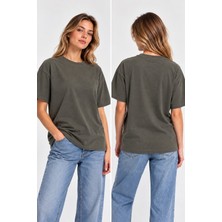 Machi Kadın Oversize T-Shirt Tişört Tshirt Rahat Kalıp Beyaz Füme Gri Haki Kırmızı Siyah Taş