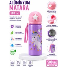 Craftivio 500 ml Pipetli Alüminyum Çocuk Su Matarası Sızdırmaz Kapaklı Askılı Okul Suluk