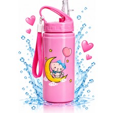 Craftivio 500 ml Pipetli Alüminyum Çocuk Su Matarası Sızdırmaz Kapaklı Askılı Okul Suluk