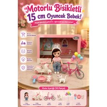 Craftivio Oyuncak Bebek Seti Motorlu Bisikletli ve Kedili 10 Parça Aksesuarlı Evcilik Oyuncağı (15 Cm)