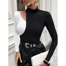 Moda Şehri Kadın Uzun Kollu Balıkçı Yakalı Omuz Geometrik Detaylı Çift Renkli Kaşkorse Bluz