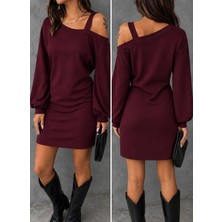 Moda Şehri Kadın Tek Omuzdan Açık Askılı Uzun Kollu Kısa Viskon Iki Iplik Elbıse