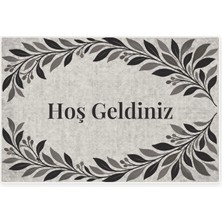 Kartela Halı Hoş Geldiniz Yazılı Yaprak Desenli Kapı Paspası Antrasit Kaymaz Kauçuk Taban 40X60 cm