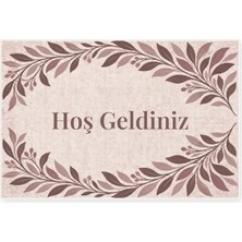 Kartela Halı Hoş Geldiniz Yazılı Yaprak Desenli Kapı Paspası Gül Kurusu Kaymaz Kauçuk Taban 40X60 cm