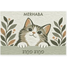 Kartela Halı Merhaba Güle Güle Kedili Kapı Paspası Adaçayı Yeşili Kaymaz Kauçuk Taban 40X60 cm