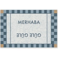 Kartela Halı Merhaba Güle Güle Damalı Kapı Paspası Mavi Kaymaz Kauçuk Taban Yıkanabilir 40X60 cm