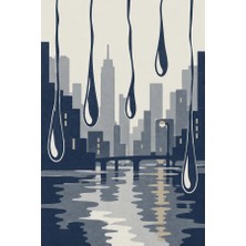 Kartela Halı Yağmur Şehir Silüetli Modern Halı Lacivert Kaymaz Taban Makinede Yıkanabilir 60x90 cm