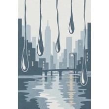 Kartela Halı Yağmur Şehir Silüetli Modern Halı Mavi Kaymaz Taban Makinede Yıkanabilir 60x90 cm