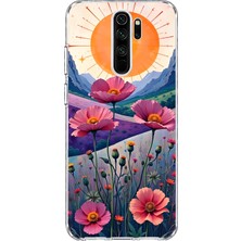 Mobilpad Redmi Note 8 Pro Uyumlu Güneş ve Çiçekler Desenli Şeffaf Telefon Kılıfı