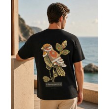 Can Moda Canmoda Unisex Siyah Etnik Kuş Desenli Oversize Tişört
