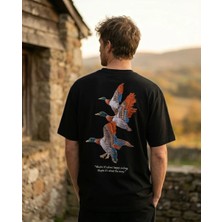 Can Moda Canmoda Unisex Siyah Sırtı Ördek Nakışlı Yazı Detaylı Oversize Tişört