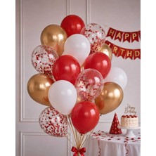 Partixa Kırmızı Beyaz Şeffaf ve Krom Gold Balon Seti (Toplam 20 Adet) + Kırmızı Balon Pulu Hediye