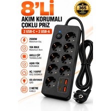 Saymond Pro Akım Korumalı Topraklı 8'li Çoklu Priz 2 Usb-C 2 Usb-A Çıkışlı 2500W Anahtarlı Uzatma Prizi