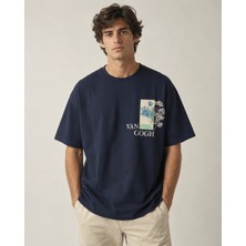 Can Moda Canmoda Unisex Lacivert Oversize Van Gogh Iris ve Ayçiçeği Sırt Baskılı Tişört