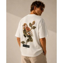 Can Moda Canmoda Unisex Beyaz Etnik Kuş Desenli Oversize Tişört