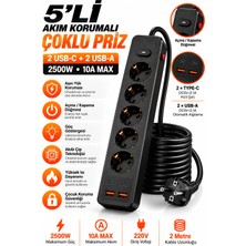 Saymond Pro Akım Korumalı Topraklı 5'li Çoklu Priz 2 Usb-C 2 Usb-A Çıkışlı 2500W Anahtarlı Uzatma Prizi