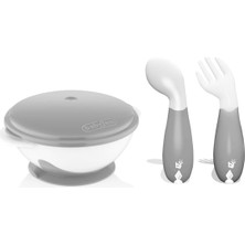 Vakumlu Mama Tabağı ve Açılı Çatal Kaşık Seti Gri BBK8681049245656GR