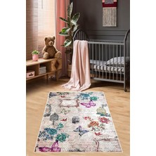 Pelangi Kelebek Gül Kuş Desenli Vintage Dijital Baskılı Kaymaz Taban Yıkanabilir Kız Çocuk Odası Halısı, Pembe-Bej 60 x 120