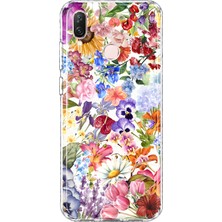 Mobilpad Huawei P20 Lite Uyumlu Çiçekler Kolaj Desenli Şeffaf Telefon Kılıfı