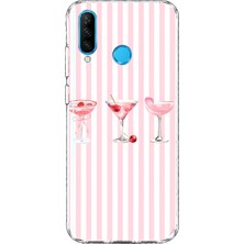 Mobilpad Huawei P30 Lite Uyumlu Çizgili Kokteyl Desenli Şeffaf Telefon Kılıfı