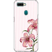 Mobilpad Oppo A5S/AX7/A12 Uyumlu Çizgili Çiçek Desenli Şeffaf Telefon Kılıfı
