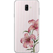 Mobilpad Samsung Galaxy J6 Plus Uyumlu Çizgili Çiçek Desenli Şeffaf Telefon Kılıfı