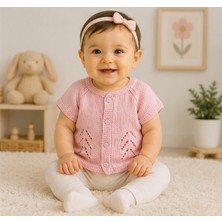 El Örgüsü Düğmeli Ajurlu Bebek Yeleği Açık Pembe 6-12 Ay