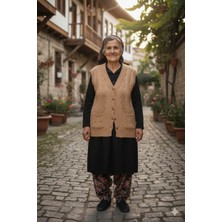 Çeyizlik Yelek, Düğmeli Anne Yeleği, Simli Yelek, Hediyelik Yelek, Gelin Simli Cepli Yelek Kapuçino