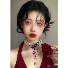 Ravinity Gothic Tarzda Kanlı Kolye Bordo Boncuklu Incili Choker Kolye
