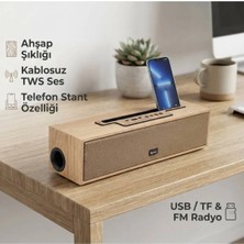 Novmark Wooden Ahşap Görünümlü Tws Kablosuz Bluetooth Hoparlör - Stantlı, USB / Tf Kart Girişli, Fm Radyolu Taşınabilir Ses Sistemi
