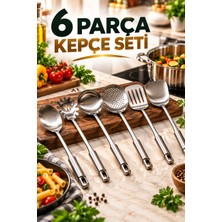 Open Home Concept 6 Parça Paslanmaz Çelik Kepçe Seti Metal Mutfak Gereçleri Çorba Süzgeç Spatula Kaşık Servis Takımı