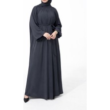 Sn Tesettür Giyim Mira Model Büzgülü Elbise Antrasit 46-50 Büyük Beden  Kuşaklı Ithal Mısır Medine Ipeği  145 cm Hac Umre Uygun Elbise