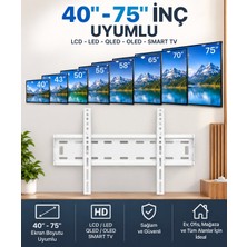 Poli Poly Beyaz TV Duvar Askı Aparatı 40–75 İnç – LED LCD QLED Smart TV Uyumlu Sabit Duvar Montaj Aparatı