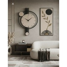 Nera Tasarım Modern Duvar Saati ve Dekoratif Tablo Seti Antrasit  Bej Gold Salon Duvar Dekoru Ev Dekorasyonu