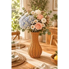Doğal Hasır Rattan Çiçek Vazosu 25.5 cm - Masa Üstü Dekoratif El Örgüsü Kuru Çiçeklik ve Saksı