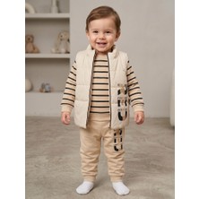 Minitix Erkek Bebek 3 Lü Takım Şişme Yelekli Çizgili Body ve Jogger Pantolon
