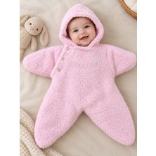 Enfal Bebe Yıldız Şeklinde Bebek Kundak Tulum Kapüşonlu Düğmeli Peluş Pembe