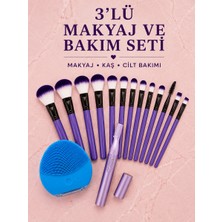 3’lü Makyaj ve Cilt Bakım Seti 12 Parça Makyaj Fırçası Kaş Alma Düzeltme ve Silikon Yüz Temizleme Cihazı