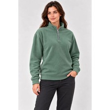 Tarz Yeri Kadın Polar Dik Yaka Yarım Fermuarlı Uzun Kollu Regular Fit Kışlık Sweatshirt - Mint Yeşili