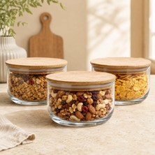 Vera Concept Store 3'lü Bambu Kapaklı Cam Saklama Kabı Seti, Sızdırmaz Silikon Contalı Şeffaf Kavanoz, Kahvaltılık Kuruyemiş Bakliyat Baharat ve Atıştırmalık Için Mutfak