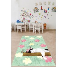 Vera Concept Store Pelangi Çiçek Desen Uyuyan Kedi Yıkanabilir Kaymaz Taban Leke Tutmaz Çocuk Odası Halısı, Mint-Pembe 100 x 200