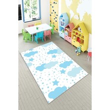 Vera Concept Store Pelangi Beyaz Mavi Bulut Desenli Yıkanabilir Kaymaz Taban Leke Tutmazbebek ve Çocuk Odası Halısı, Mavi-Beyaz 60 x 120
