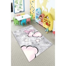 Vera Concept Store Pelangi Gri Ayıcık ve Bulut Desenli Yıkanabilir Kaymaz Taban Leke Tutmazbebek ve Çocuk Odası Halısı, Pembe-Gri 130 x 180