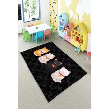 Vera Concept Store Pelangi Siyah Kedi Desenli Çocuk Yıkanabilir Kaymaz Taban Leke Tutmazbebek ve Çocuk Odası Halısı, Siyah-Krem 80 x 500
