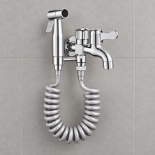Vera Concept Store Çift Çıkışlı Taharet Musluğu Seti Spiral Hortumlu El Duşlu Krom Paslanmaz Çelik Gümüş