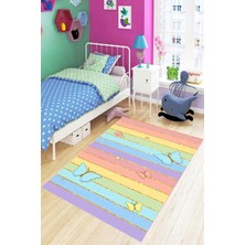Vera Concept Store Pelangi Kelebek Desen Gold Şeritli Renkli Dijital Baskı Yıkanabilir Kaymaz Taban Genç Kız Çocuk Odası Halısı, Karışık Renkli 40 x 40