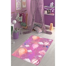 Vera Concept Store Pelangi Uçan Balon Bulut Desenli Halı Dijital Baskı Yıkanabilir Kaymaz Taban Leke Tutmaz Çocuk Odası Halısı, Pembe 80 x 600